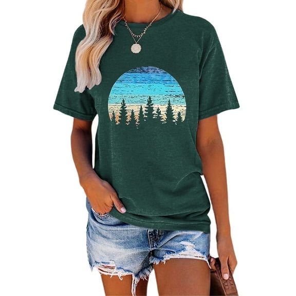 XCHQRTI Pine Tree Tshirt Graphic Tees Sunset Women Ladies Tee Shirts Nature Short Sleeve