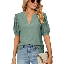 XCHQRTI Pleated Puff Sleeve Shirt Women's V Neck Solid Color Tops Summer Hollow Tunic Dressy Blouse