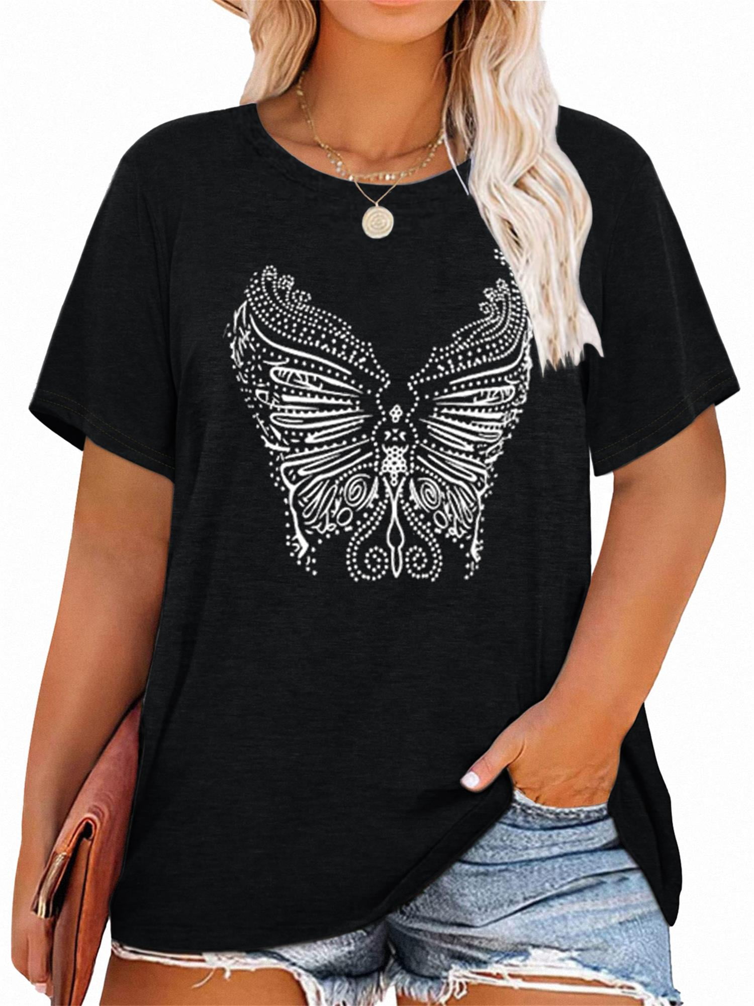 XCHQRTI Plus Size Butterfly Women Shirt Graphic Flower T-Shirts Casual ...