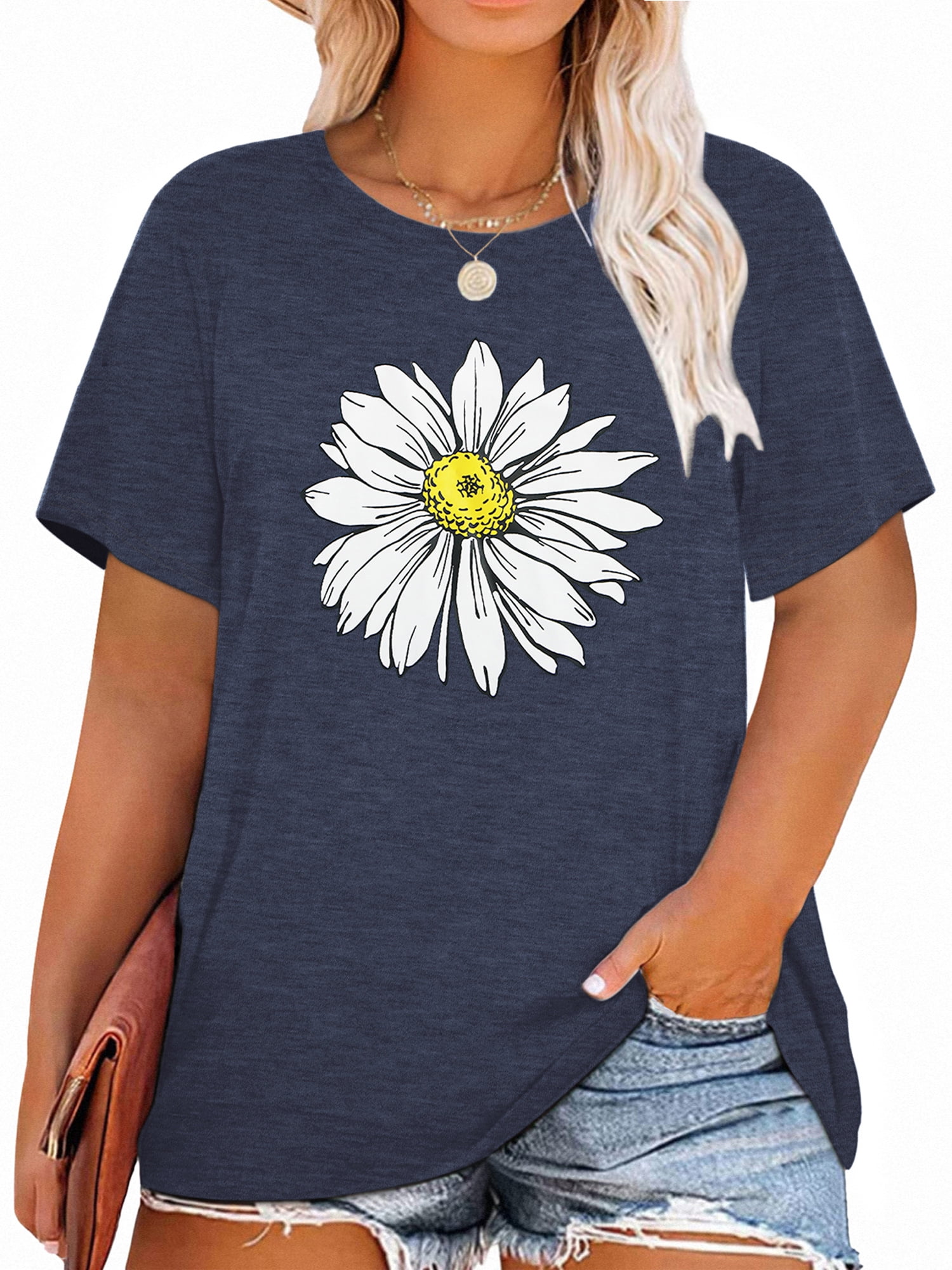 XCHQRTI Daisy Graphic Plus Size Women s Tshirt Oversized Casual Tee 