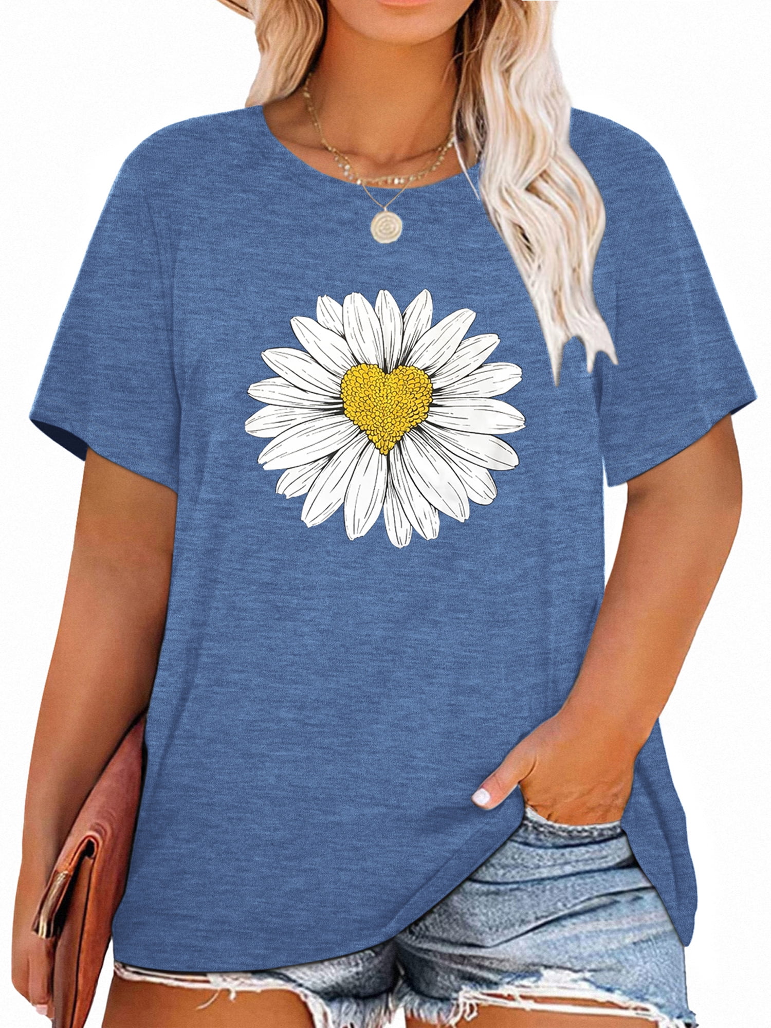 XCHQRTI Plus Size Daisy Shirt Oversized Graphic Tees for Women Plus
