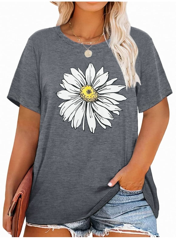 Plus Size Daisy Women Tshirt Graphic Oversized Tees Short Sleeve Casual Tee