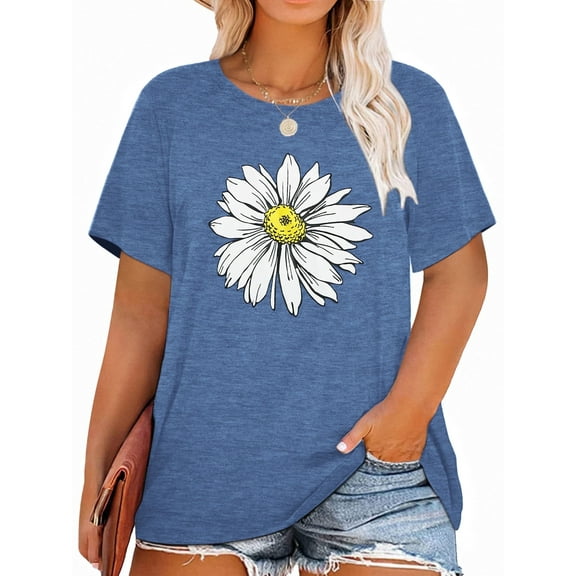 XCHQRTI Plus Size Daisy Women Tshirt Graphic Oversized Tees Short Sleeve Casual Tee