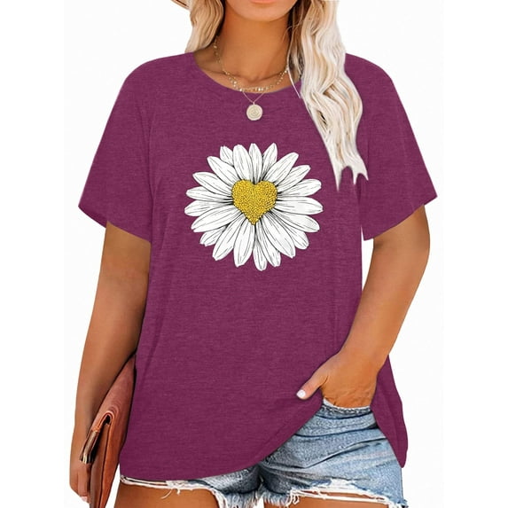 XCHQRTI Plus Size Daisy Women Tshirt Graphic Oversized Tees Short Sleeve Casual Tee
