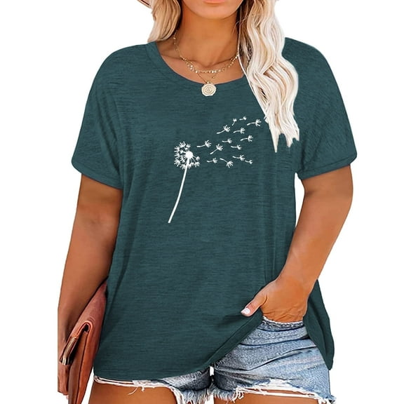 XCHQRTI Plus Size Dandelion Shirt Women's Oversized Graphic Tshirts Short Sleeve Loose Tee Tops