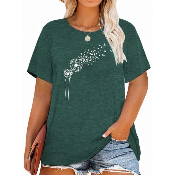 XCHQRTI Plus Size Dandelion Shirt Women's Oversized Graphic Tshirts Short Sleeve Loose Tee Tops