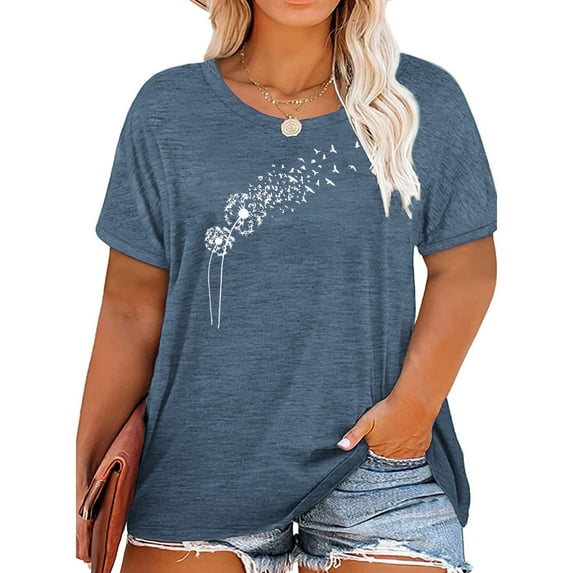 XCHQRTI Plus Size Dandelion Shirt Women's Oversized Graphic Tshirts Short Sleeve Loose Tee Tops