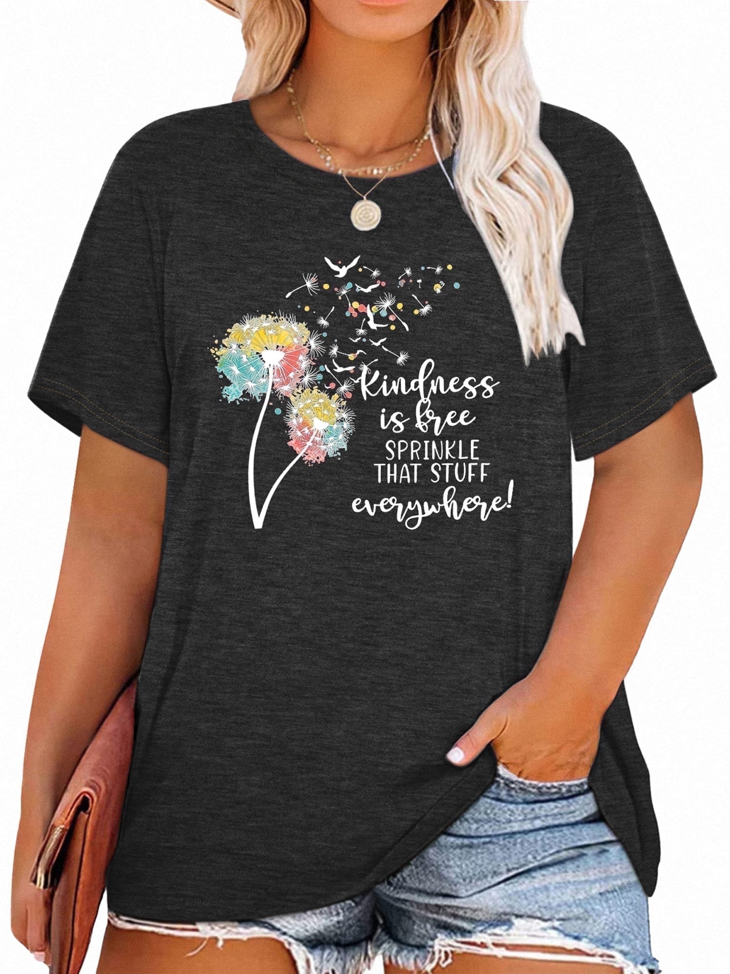 Women's Just Breathe Dandelion Graphic T-Shirt – Soft, Casual, Short Sleeve Top (Blue, Small) - View #2