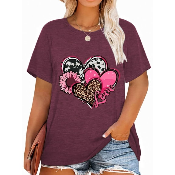 Anbech Plus Size Women Shirt Love Heart Crewneck Tshirt Short Sleeve Oversized Graphic Sweet Top