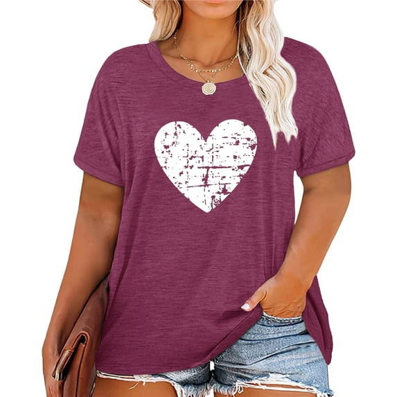 Anbech Plus Size Women Shirt Love Heart Crewneck Tshirt Short Sleeve Oversized Graphic Sweet Top