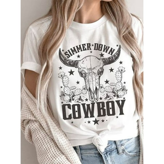 XCHQRTI Rodeo Cowboy Tshirt Vintage Cowgirl Outfit Classic Graphic Western Shirts Round Neck Short Sleeve Tee Top