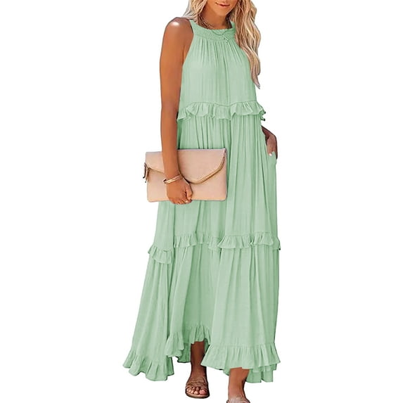 XCHQRTI Ruffled Pleated Women Dress 2024 Sleeveless Sundress Long Flowy Boho Beach Party Dresses