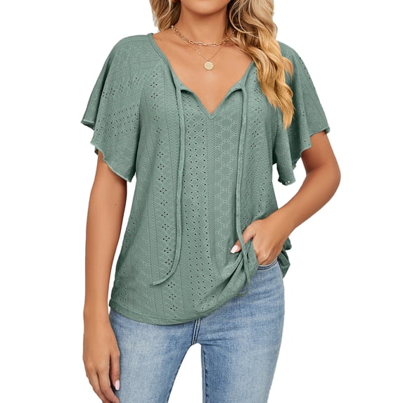 XCHQRTI Ruffled Short Sleeve Shirt Womens Vneck Tie Blouse Shirts 2024 Tunic Casual Tops