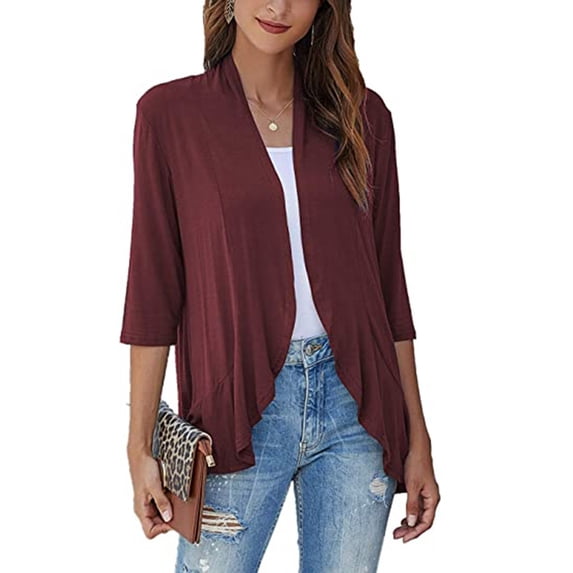 XCHQRTI Solid Color Cardigan for Women Irregular Hem Flowing Open Front Shirt Slim Fit 3/4 Sleeves Top