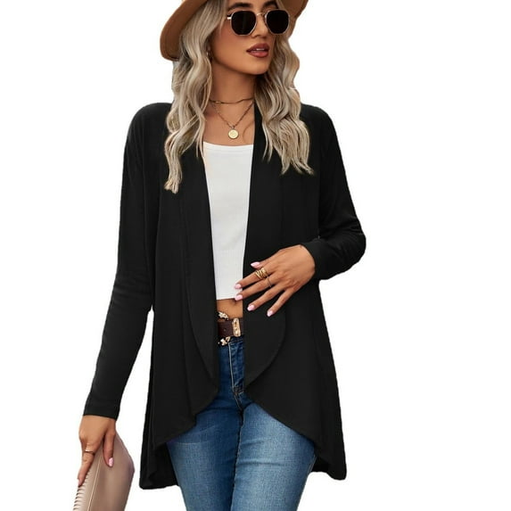 XCHQRTI Solid Color Cardigan for Women Irregular Hem Flowing Open Front Shirt Slim Fit Long Sleeve Top