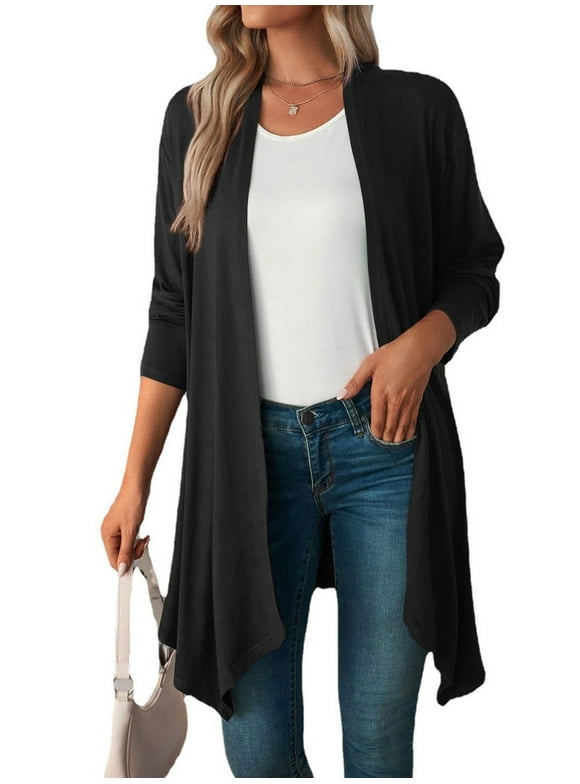 XCHQRTI Solid Color Cardigan for Women Irregular Hem Flowing Open Front Shirt Slim Fit Long Sleeve Top