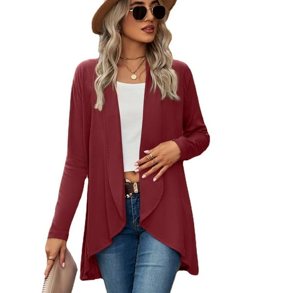 XCHQRTI Solid Color Cardigan for Women Irregular Hem Flowing Open Front Shirt Slim Fit Long Sleeve Top