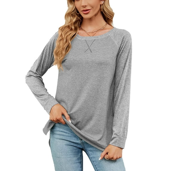 XCHQRTI Solid Color Shirt for Women Splicing Long Sleeve Tshirt Casual Loose Crew Neck Tee Tops