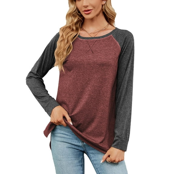 XCHQRTI Solid Color Shirt for Women Splicing Long Sleeve Tshirt Casual Loose Crew Neck Tee Tops