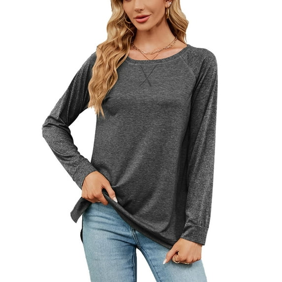 XCHQRTI Solid Color Shirt for Women Splicing Long Sleeve Tshirt Casual Loose Crew Neck Tee Tops