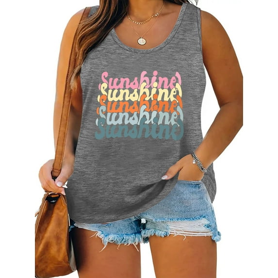 XCHQRTI Summer Beach Plus Size Womens Graphic Tank Tops Casual Sleeveless Shirts Vacation Vest Top