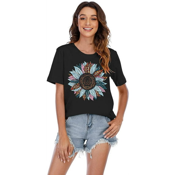 XCHQRTI Sunflower Shirt Graphic Tees Women Tshirts Short Sleeve Tops Crew Neck Ladies Patriotic Tee Clothes