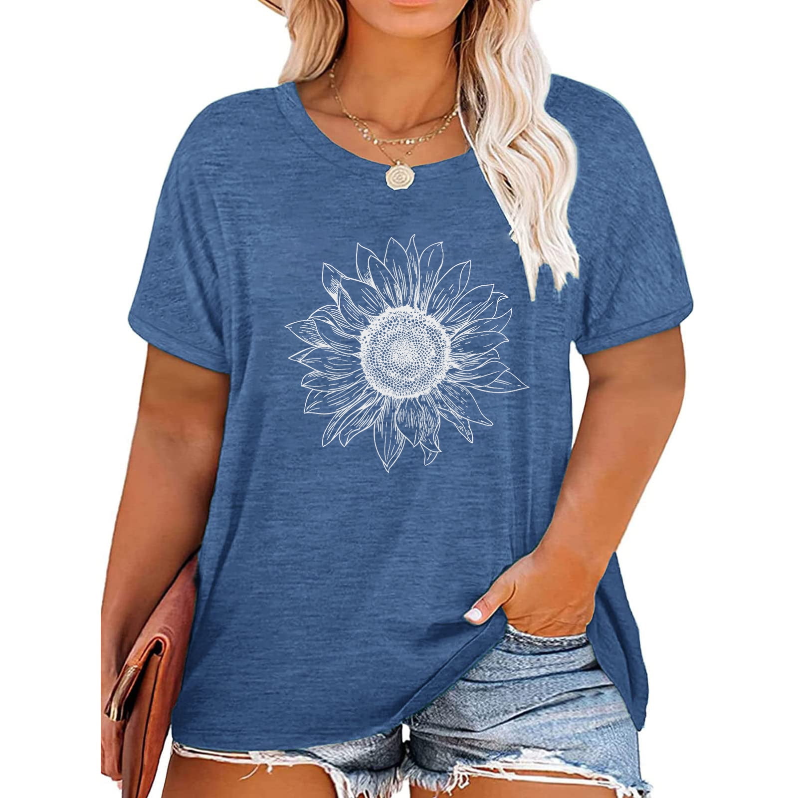 Xchqrti Sunflower Shirts Women Plus Size Short Sleeves T Shirt Top Graphic Tees 0736