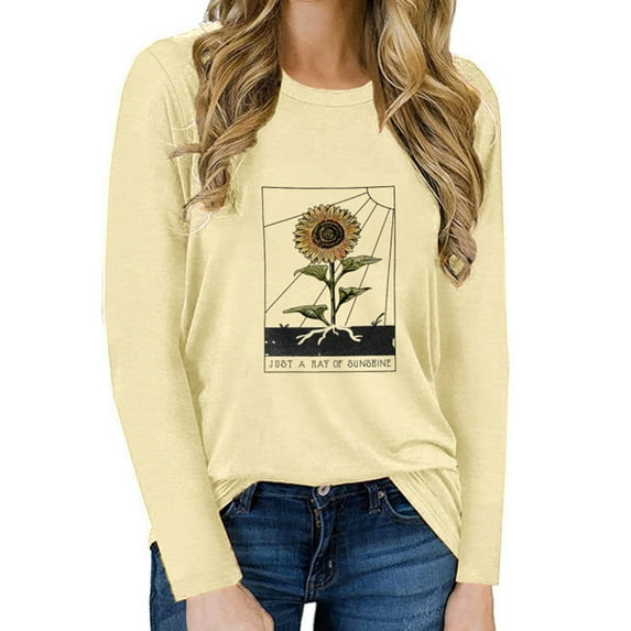 XCHQRTI Sunflower Shirts for Women Long Sleeve Sunflower Top Ladies Graphic Tees Tshirt