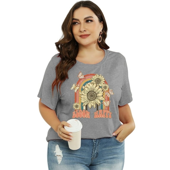 XCHQRTI Sunflower Shirts for Womens Plus Size Short Sleeves T-Shirt Graphic Oversized Flower Tops