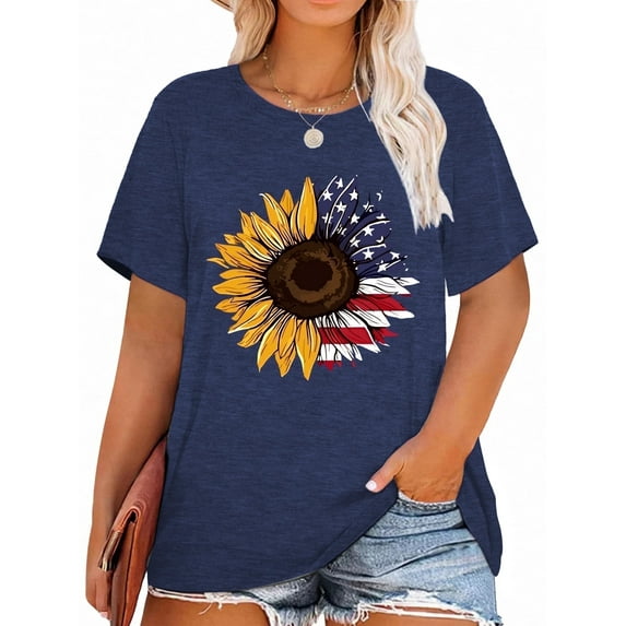 XCHQRTI Sunflower Shirts for Womens Plus Size Short Sleeves T-Shirt Graphic Oversized Flower Tops