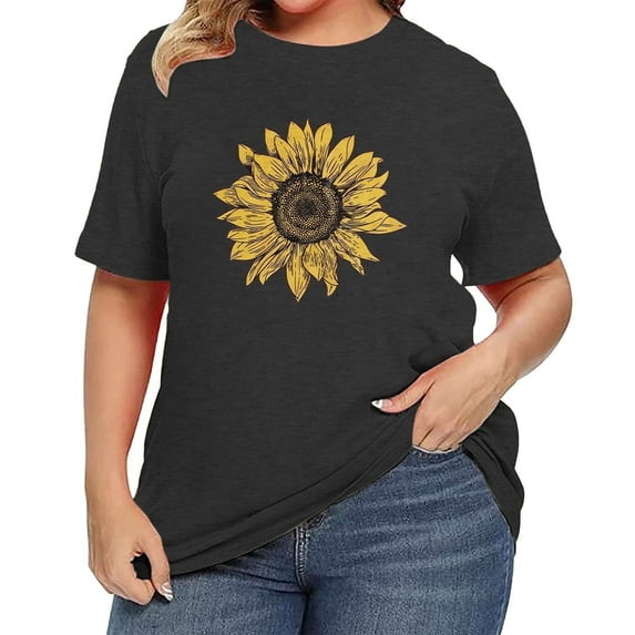 XCHQRTI Sunflower Shirts for Womens Plus Size Short Sleeves T-Shirt Graphic Oversized Flower Tops