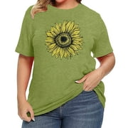 XCHQRTI Sunflower Shirts for Womens Plus Size Short Sleeves T-Shirt Graphic Oversized Flower Tops