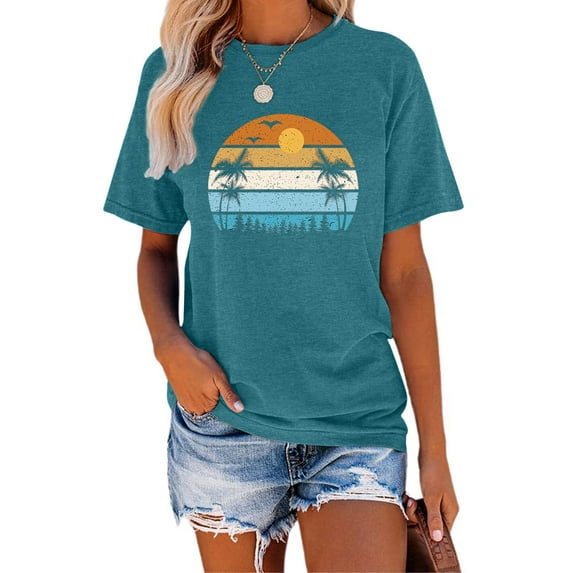 XCHQRTI Sunset Womens Shirt Graphic Palm Tree T Shirt with Beach Casual Short Sleeve Top