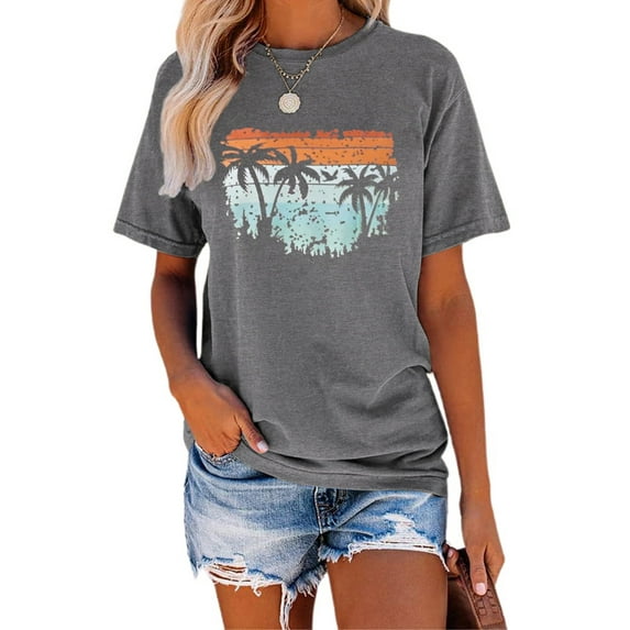 XCHQRTI Sunset Womens Shirt Graphic Palm Tree T Shirt with Beach Casual Short Sleeve Top