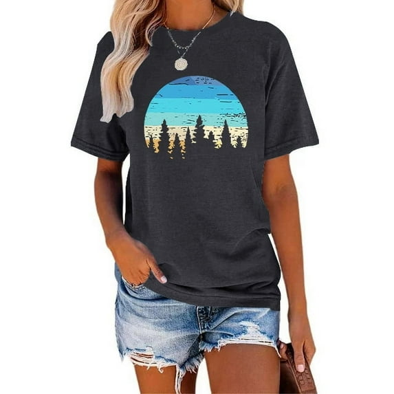 XCHQRTI Sunset Womens Shirt Graphic Palm Tree T Shirt with Beach Casual Short Sleeve Top
