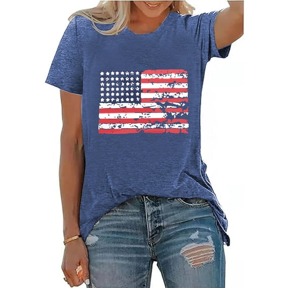 XCHQRTI USA Flag Shirt Women 4th of July Tee Graphic Short Sleeve Casual Memorial Day T-Shirts