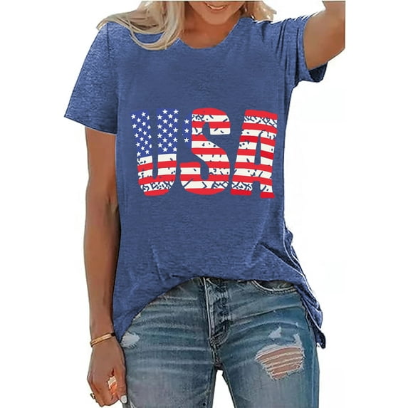 XCHQRTI USA Flag Shirt Women 4th of July Tee Graphic Short Sleeve Casual Memorial Day T-Shirts