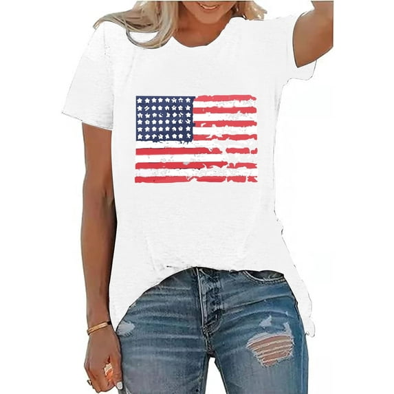 XCHQRTI USA Flag Shirt Women 4th of July Tee Graphic Short Sleeve Casual Memorial Day T-Shirts