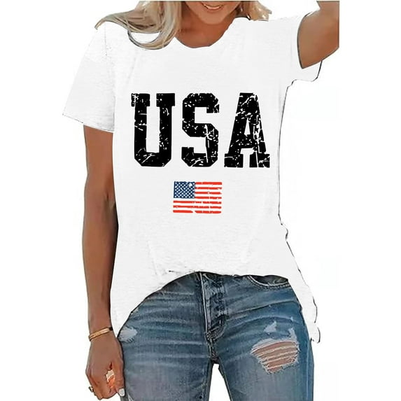 XCHQRTI USA Flag Shirt Women 4th of July Tee Graphic Short Sleeve Casual Memorial Day T-Shirts