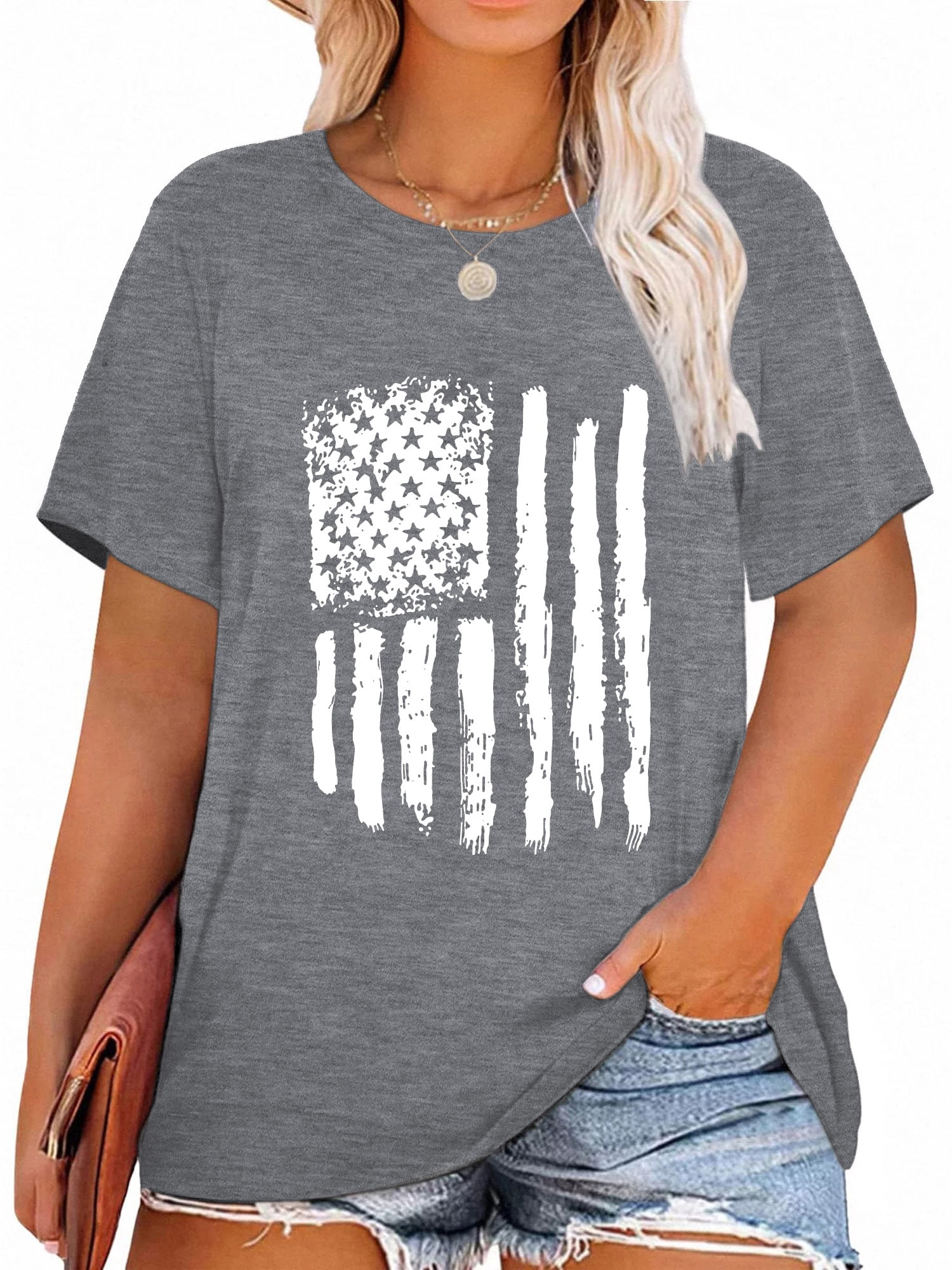 Plus Size Women's American Flag Graphic T-Shirt - Patriotic 4th Of July Tee, Oversized Fit