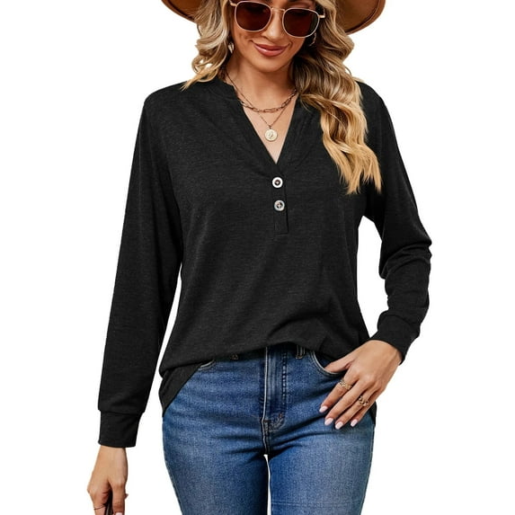 XCHQRTI Vneck Women Solid Color Shirt Buttons Long Sleeve Blouse Casual Fashion Tops