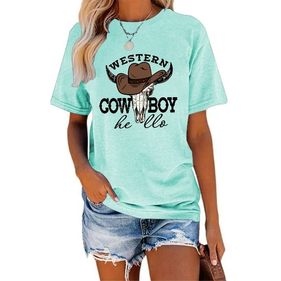 XCHQRTI Western Shirts Women Graphic Tees Casual Cowboy Rodeo Tshirts Desert Cactus Vintage Short Sleeve Tee Tops