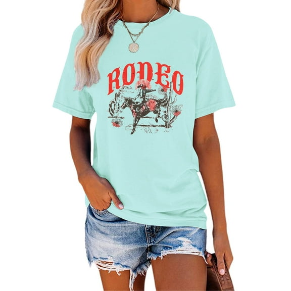 XCHQRTI Western Shirts Women Graphic Tees Casual Cowboy Rodeo Tshirts Desert Cactus Vintage Short Sleeve Tee Tops