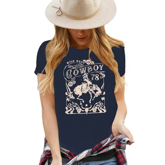 XCHQRTI Western Shirts Women Graphic Tees Casual Cowboy Rodeo Tshirts Desert Cactus Vintage Short Sleeve Tee Tops