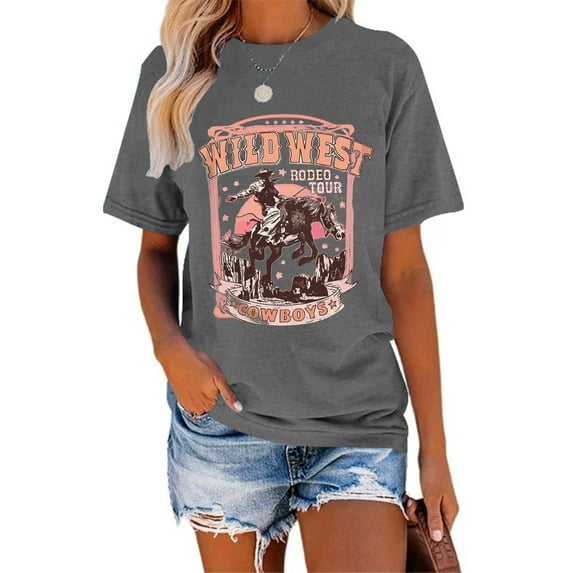 XCHQRTI Western Shirts Women Graphic Tees Casual Cowboy Rodeo Tshirts Desert Cactus Vintage Short Sleeve Tee Tops