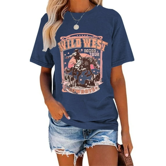 XCHQRTI Western Shirts Women Graphic Tees Casual Cowboy Rodeo Tshirts Desert Cactus Vintage Short Sleeve Tee Tops