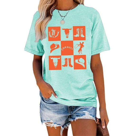 XCHQRTI Western Shirts Women Graphic Tees Casual Cowboy Rodeo Tshirts Desert Cactus Vintage Short Sleeve Tee Tops