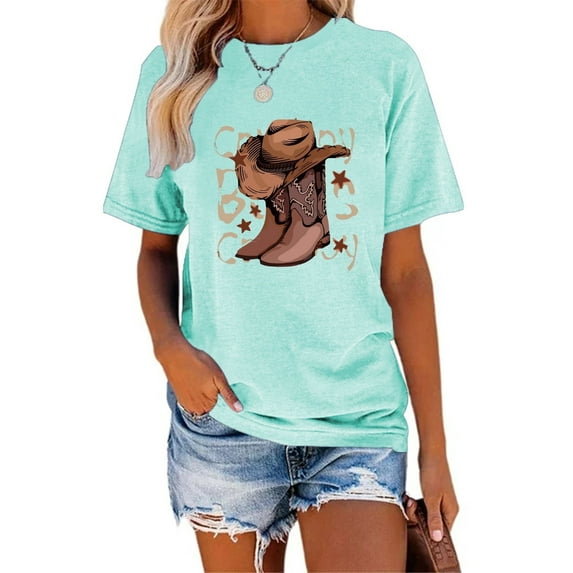 XCHQRTI Western Shirts Women Graphic Tees Casual Cowboy Rodeo Tshirts Desert Cactus Vintage Short Sleeve Tee Tops