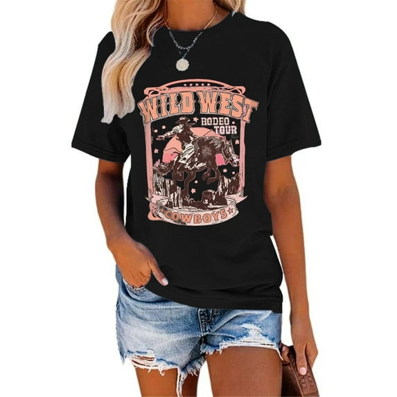XCHQRTI Western Shirts Women Graphic Tees Casual Cowboy Rodeo Tshirts Desert Cactus Vintage Short Sleeve Tee Tops