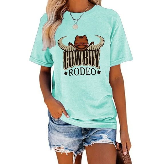 XCHQRTI Western Shirts Women Graphic Tees Casual Cowboy Rodeo Tshirts Desert Cactus Vintage Short Sleeve Tee Tops